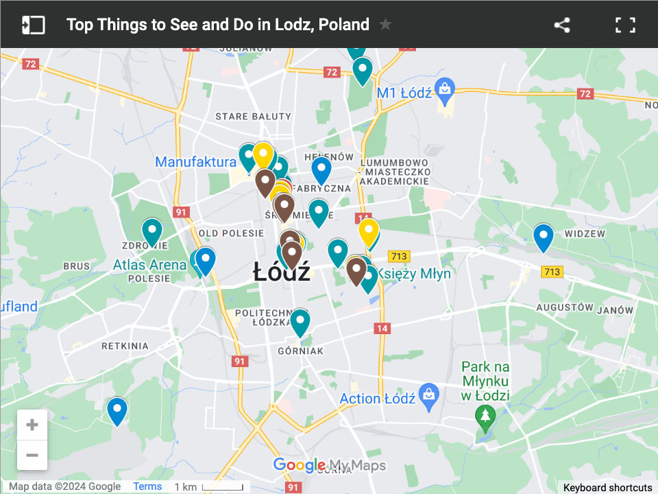 A map of points of interest in Lodz, Poland