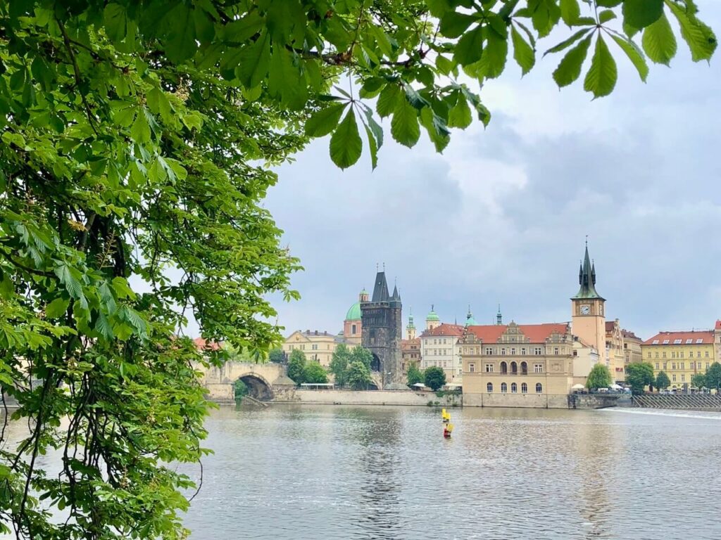 A scenic view of the historic Charles Bridge and Prague’s Old Town, framed by vibrant green leaves. The Vltava River reflects the city’s iconic architecture, creating a picture-perfect springtime moment.